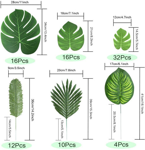 Auihiay 90 PCS 6 Kinds Monstera LeavesPalm Leaves Tropical Party Decorations Jungle Leaf with Stem for Tropical Leaves Decorations Beach Birthday Jungle Party Palm Leaves Decorations
