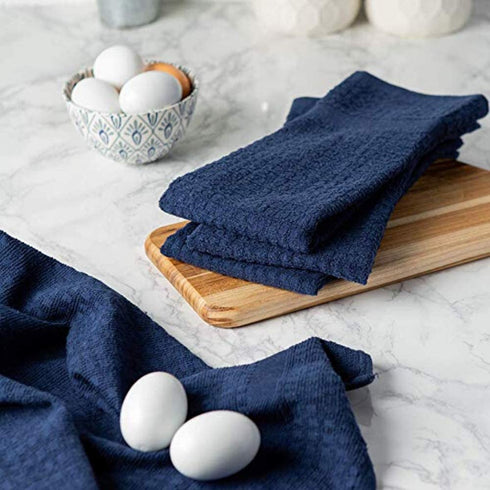 Kitchen Towel Set with 2 Quilted Pot Holders, Oven Mitt, Dish Towel, Dish Drying Mat, 2 Microfiber Scrubbing Dishcloths (Navy Blue)
