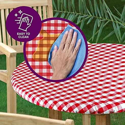 Sorfey Tablecloth -Fitted with Elastic, Vinyl with Flannel Back, Fits for Table 36 Inches Round ,Water Proof, Easy to Clean, Checked Red Design