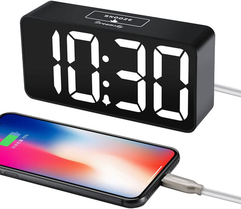 DreamSky Compact Digital Alarm Clock with USB Port for Charging, 0-100% Brightness Dimmer, White Bold Digit Display, 12/24Hr, Snooze, Adjustable Alarm Volume, Small Desk Bedroom Bedside Clocks.