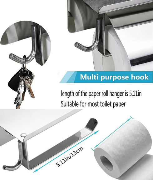 Toilet Paper Holder with Shelf, Toilet Tissue Holder with Phone Shelf, Bathroom Stainless Steel Tissue Roll Dispenser Storage,Wall Mounted 3M Self Adhesive No Drill Or Drilling with Screws