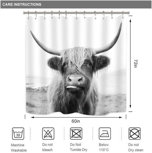 Riyidecor Highland Cow Bull Shower Curtain 60Wx72H Inch Farmouse Western Wildlife Portrait Animal Funny Country 12 Pack Plastic Hooks Kids Sketch Waterproof Fabric Modern Polyester Bathroom Decor
