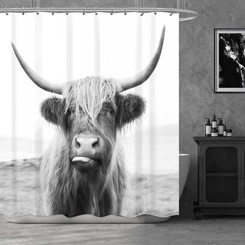 Riyidecor Highland Cow Bull Shower Curtain 60Wx72H Inch Farmouse Western Wildlife Portrait Animal Funny Country 12 Pack Plastic Hooks Kids Sketch Waterproof Fabric Modern Polyester Bathroom Decor