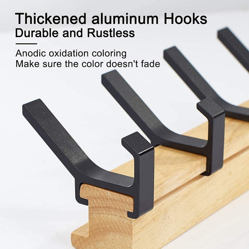 Coat Hook Wall Mounted Coat Rack-5 Double Hook, 15 Inch Aluminum,Metal Coat Hook Rail for Coat Hat Towel Robes, Wooden (Black 1PCS)