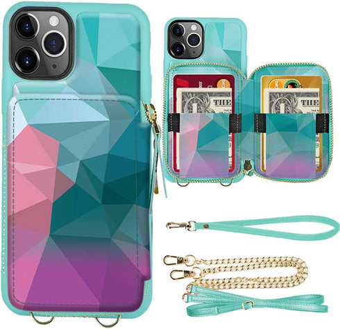 ZVE iPhone Print Wallet Case with Zipper for iPhone 12 Pro & iPhone 12 (6.1 inch), Purse Phone Case with Card Holder for Women, Crossbody Chain Wrist Strap-Diamond