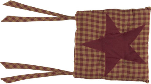 VHC Brands Star Cotton Primitive Tabletop Kitchen Tie Back(s) Appliqued Square Chair Pad, King, Burgundy Red