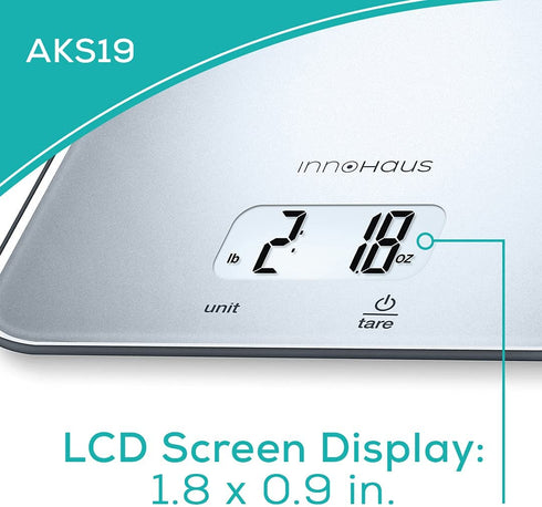 Our Brand - innoHaus Multi-Function Kitchen Food Scale, Digital Display with Tare Function, Precise, Measures in g, oz, lb:oz, ml, fl.oz with Auto-Off, Silver