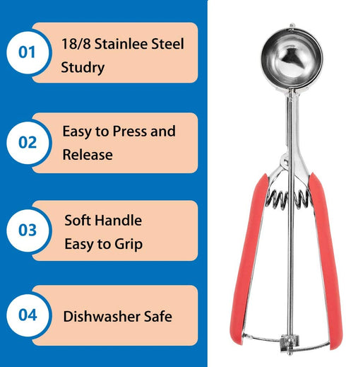 Mini Cookie Scoop, Cookie Dough Scoop, 2 Teaspoons/ 10 ML, 2/3 Tablespoons Spring-Loaded Scoop, Red, 18/8 Stainless Steel, Comfortable Grip