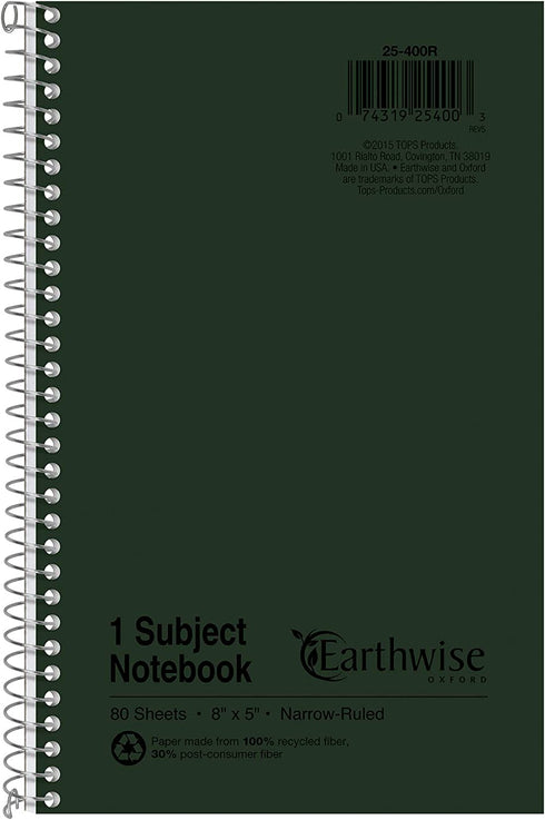 Ampad Single Wire Notebook, Recycled, Size 8x5, 1 Subject ,Green Cover, Narrow Ruled, Not 3 Hole Punched, 80 Sheets per Notebook (25-400R)