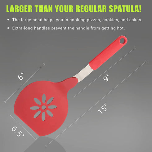 Homi Styles Jumbo Nylon Kitchen Pancake Spatula | Wide Non-Stick Slotted Blade with Floral Cut-Out Design - Great for Pancake Flipper, and Egg Turner | 15 x 6.5 Inches ( Red)