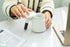 Tea cup with Sandalwood handle, 13 oz, Ceramic Tea Mug with Porcelain Infuser and Lid for Hot Tea or Coffee, Gift Set, 1-Pack (White)