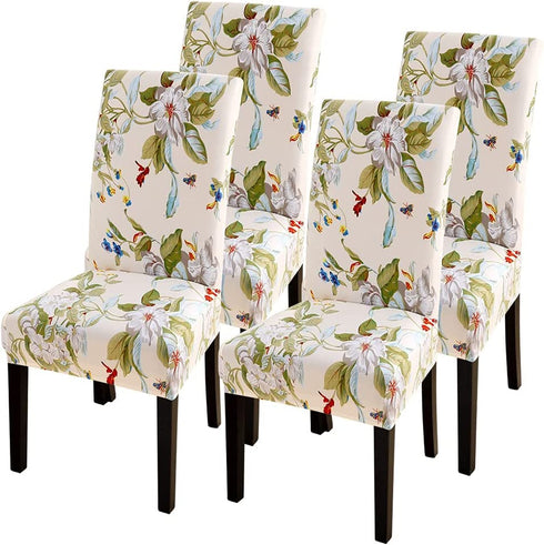 SearchI Dining Room Chair Covers Slipcovers Set of 4, Spandex Super Fit Stretch Removable Washable Kitchen Parsons Chair Covers Protector for Dining Room,Hotel,Ceremony,Beige+Flowers