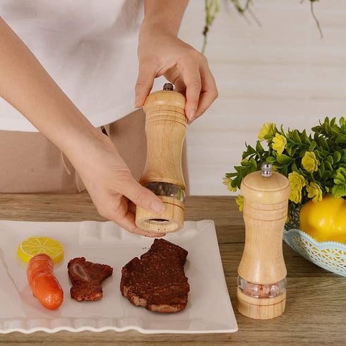 Haomacro Salt and Pepper Grinder Set, Wood Pepper Mills,Wooden Salt Grinders Refillable Manual Pepper Ginder with Acrylic Visible Window,Ceramic Grinding Core- 6.5 InchesPack of 2