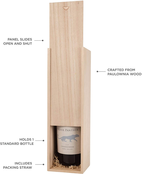 Twine, Single Bottle Wooden Decorative Wine Box with Lid, Great for Wine Accessory Sets, Exposed Wood Grain