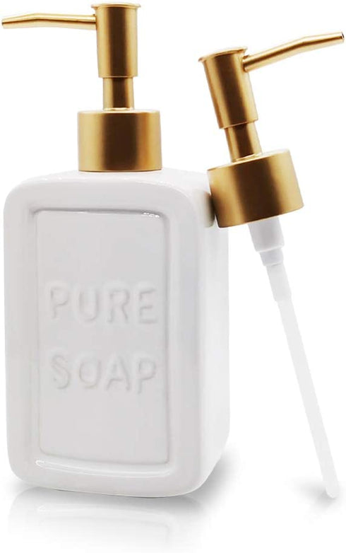 Decorative Soap Dispenser White Ceramic Lotion Bottle with Embossed Letters Noble Golden Matte Pump