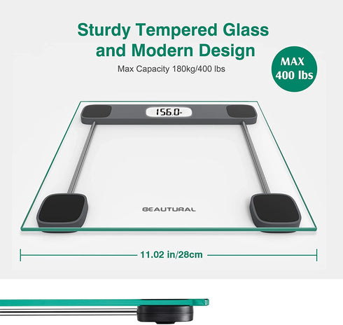 BEAUTURAL Digital Body Weight Bathroom Scale with Step-On Technology, Precision Weighing Scale,Large Backlight Display, Highly Accurate, Glass, 400 lbs, Batteries and Tape Measure Included
