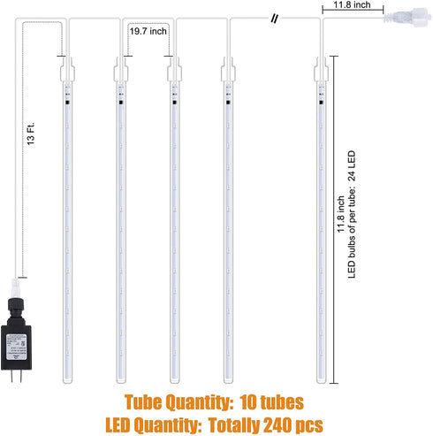 Meteor Shower Lights Outdoor, Snowfall Lights, Waterproof Meteor Christmas Lights, Hanging Falling Rain Lights for Tree Bushes Holiday Party Christmas Decoration, 11.8 Inches 10 Tubes 240 LED, White