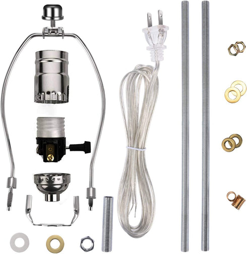 Canomo Nickel Finish Make A Lamp Kit 3-Way with 8 Inch Harp, 2 Pieces 12" Lamp Pipe, and All Parts Needed and Instructions for Lamp Design or Repair