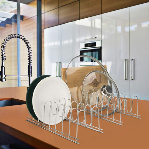 SANNO Lid Holder Organizer Rack, Diversified Euro Kitchen Lid Organizer for Plates, Cutting Boards Bakeware, Cooling Racks, Pots & Pans, Serving Trays,stainless steel pack of 2