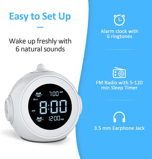Welgo Digital Alarm Clock Radio-0-100% Dimmer, 6 Sounds Adjustable Volume, Weekday/Weekend, FM Radio with Sleep Timer, Snooze, Battery Backup, 2.4''LCD Display, Headphone Jack, Small Size for Bedside