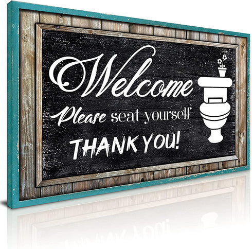 Teal Wall Art, Funny Bathroom Picture Wall Decor, Restroom Canvas Prints Black and White Please Seat Yourself Sign Rustic Turquoise Welcome Signs Painting Accessories Farmhouse Home Decoration 8 x 14"