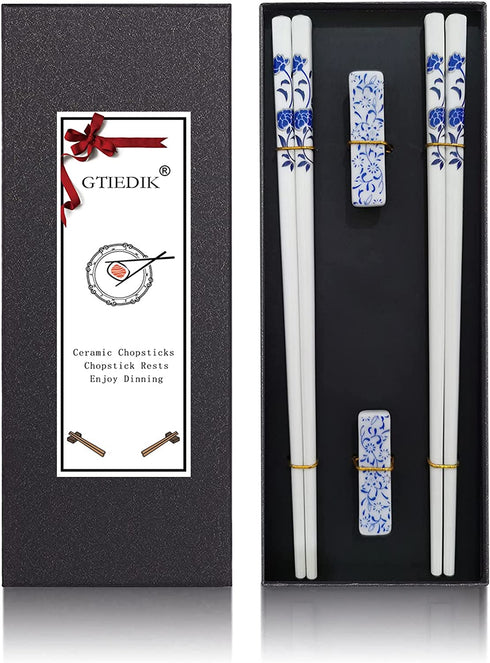 Ceramic Chopsticks reusable with Porcelain Holder and Delicate Box Reusable Chopsticks and Dishwasher Safe,Porcelain Chopsticks (2 Pairs Blue rose)
