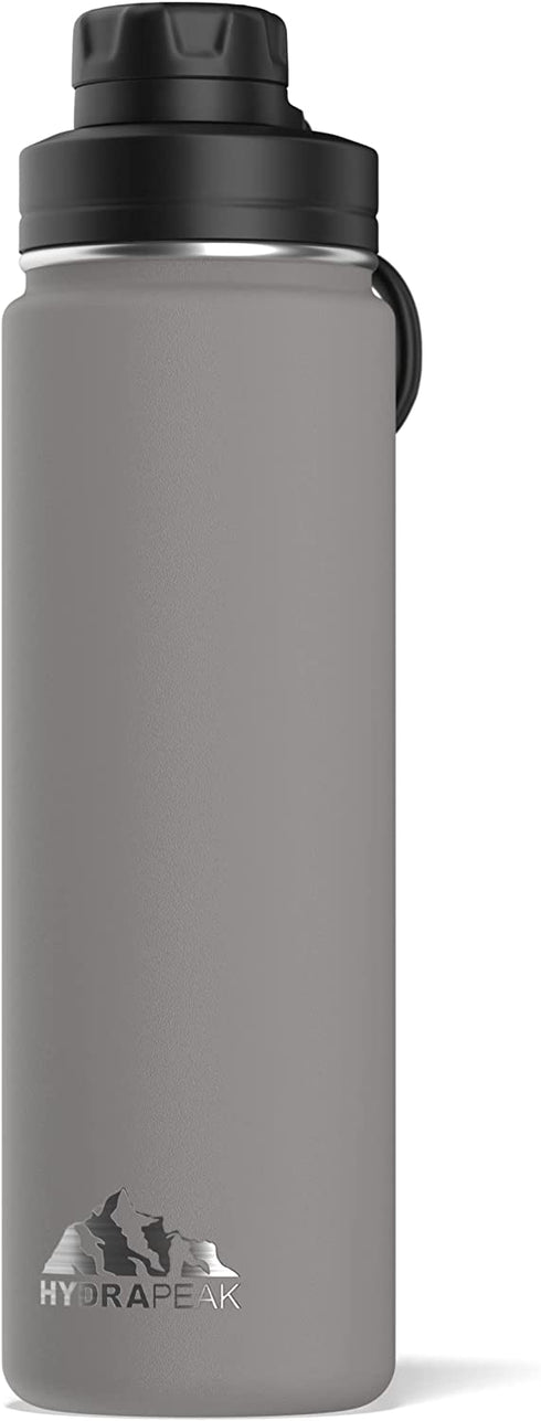 Hydrapeak 24 oz Insulated Water Bottle with Chug Lid - Reusable Leak Proof Stainless Steel Water Bottles, Double Wall Vacuum Insulation | 24 Hours Cold and 12 Hours Hot (Grey)