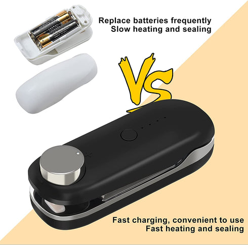 INHDBOX Mini Bag Sealer Rechargeable, Portable Handheld Bag Heat Vacuum Sealer with 3 Adjustable Sealing, Bag Resealer Machine Food Saver for Plastic Chip Bags, Storage Snack Cookies, Black