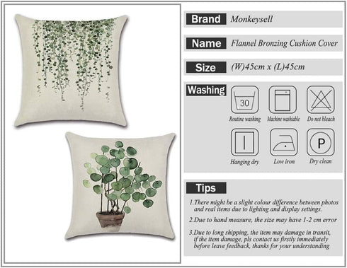 Monkeysell Decorative Throw Pillow Covers, 4 Pack of Green Plant Pattern Cotton Linen Throw Pillow Case Cushion Cover Home Décor Sofa Decorative Pillow 18 X 18 Inch (Green Plant)