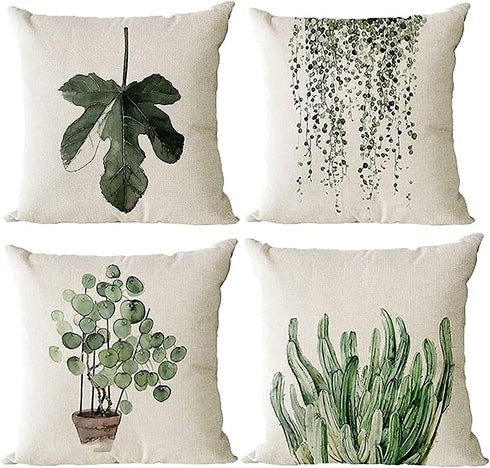 Monkeysell Decorative Throw Pillow Covers, 4 Pack of Green Plant Pattern Cotton Linen Throw Pillow Case Cushion Cover Home Décor Sofa Decorative Pillow 18 X 18 Inch (Green Plant)