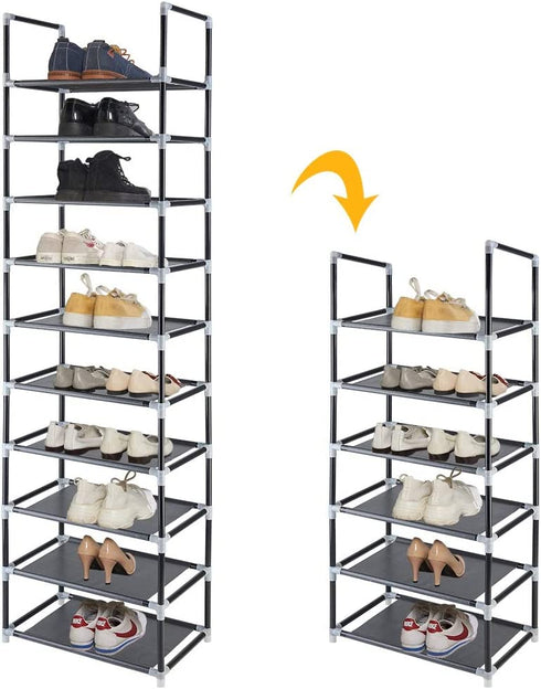 FORUP 10 Tiers Stackable Shoe Rack, Adjustable Shoe Storage Organizer Shelf, Non-Woven Fabric Shoe Tower Shelf (Black)