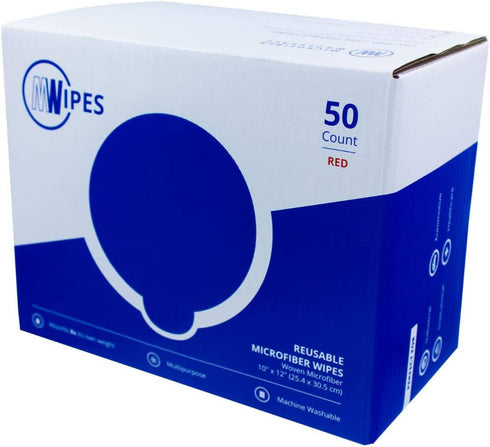 Microfiber Rags in A Box (50 Count) - Mwipes - 10" x 12" Reusable Wipes for Cleaning - Edgeless Terry Towels, Shop Rags, Wash, Dust, Disposable, House, Small Cleaning Cloths (Red)
