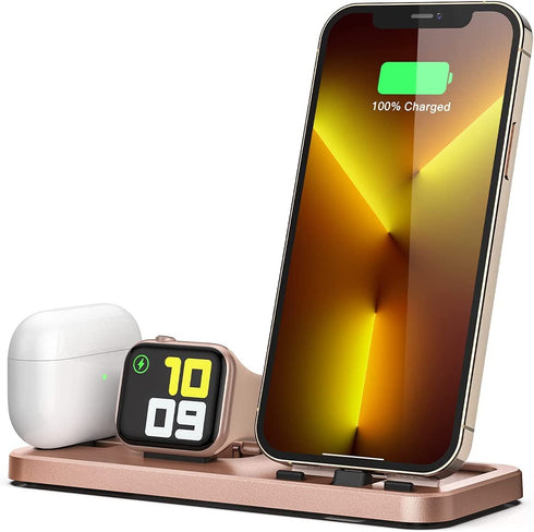 LERCIOR Portable 3 in 1 Charging Station for Apple Devices Foldable Charger Station for Apple Watch 7/6/SE/5/4/3/2/1 Charger Stand, Charging Dock Station for iPhone AirPods Pro 3/2/1 Rose Gold