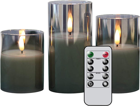 Eldnacele Glass Candles Flameless Flickering Candles with Remote Control & Timer, 3D Wick LED Battery Operated Pillar Candles Set of 3 Black Glass Candles Warm Light (D3? x H4? 5? 6?)