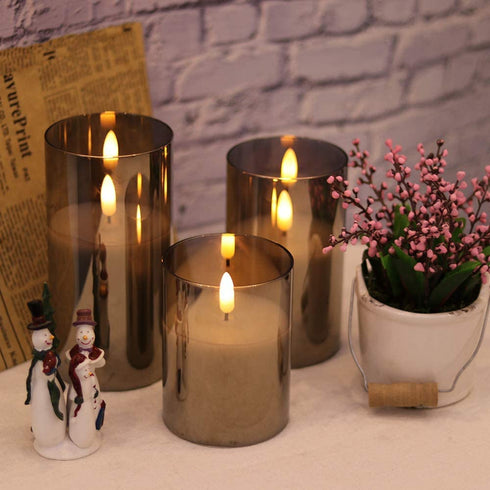 Eldnacele Glass Candles Flameless Flickering Candles with Remote Control & Timer, 3D Wick LED Battery Operated Pillar Candles Set of 3 Black Glass Candles Warm Light (D3? x H4? 5? 6?)