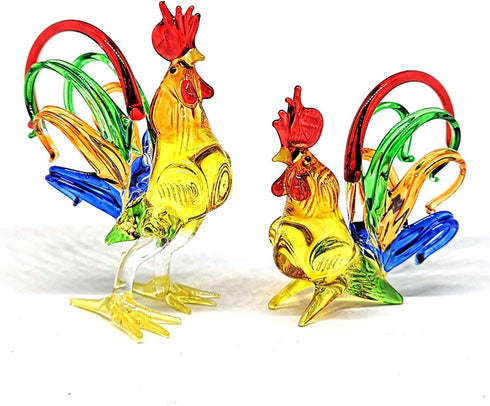 ZOOCRAFT Chicken Figurines Collectibles Hand Blown Glass Rooster Set of 2
