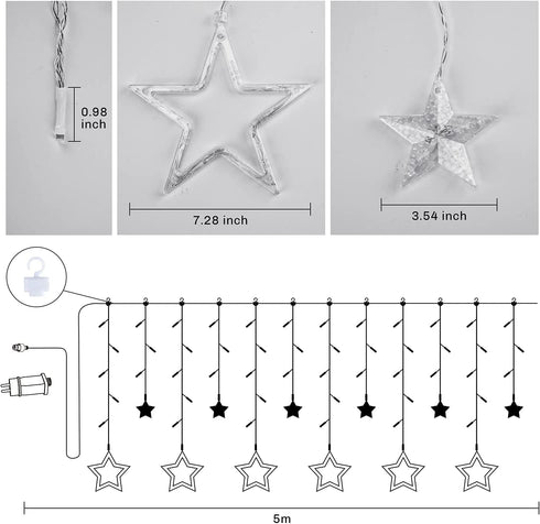 Koicaxy Curtain Lights, 138 Led 12 Stars Curtain Lights Drop Fairy String Lights Waterproof for Outdoor Use 8 Lighting Modes Timing for Ramadan Party Bedroom Wedding Window Christmas