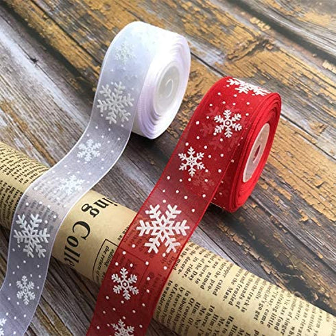 2 Rolls Christmas Ribbons, 1 Inch by 10 Yard Snowflake Organza Spool for Christmas Tree Gifts Box Decoration