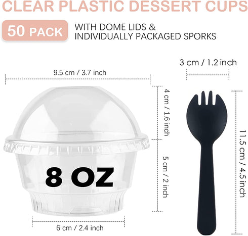 Zezzxu 50 Pack 8oz Clear Plastic Cups with No Hole Dome Lids and Sporks Disposable Dessert Cups Mini Snack Bowls for Parfait, Ice Cream, Fruit, Cupcakes, Pudding