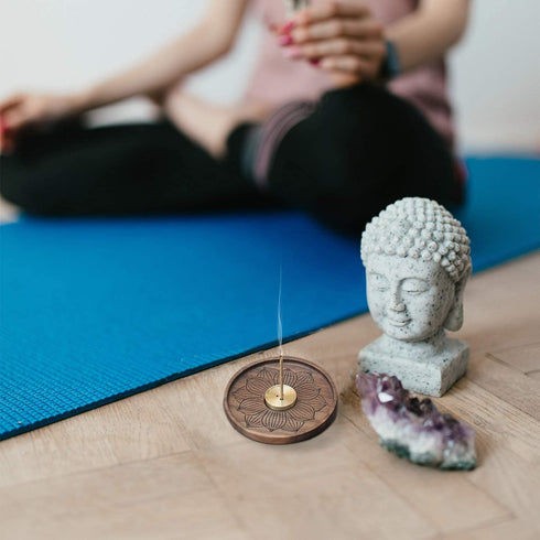 SeedWave Wooden Incense Holder for Sticks, Detachable Brass Incense Burner Holder, Handmade Lotus Incense Ash Catcher for Home Decor Yoga Spa Meditation