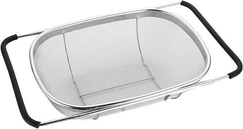 Over the Sink Colander, Stainless Steel Fine Mesh Expandable Oval Strainer Basket Colander with Rubber Grip Handles 6 Quart Colander For Kitchen Sink, Strain, Drain, Rinse Fruits, Vegetables