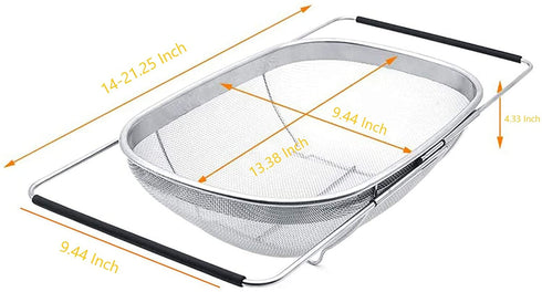 Over the Sink Colander, Stainless Steel Fine Mesh Expandable Oval Strainer Basket Colander with Rubber Grip Handles 6 Quart Colander For Kitchen Sink, Strain, Drain, Rinse Fruits, Vegetables