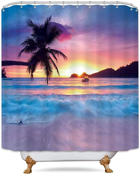 Riyidecor Beach Shower Curtain Ocean Sunrise Tropical Palm Tree Hawaiian Sunset Costal Scenery Sea Waves Summer Bathroom Home Decor Set Waterproof Polyester 72WX72H Inch 12 Pack Plastic Hooks WW-IHTB