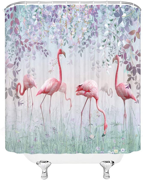 Xnichohe Pink Flamingo Shower Curtain Tropical Jungle Animal Purple Flower Vine Leaves Fairytale Magic Fog Forest Polyester Cloth Fabric Bathroom Curtains Decor Set with Hooks,70 x70 Inches