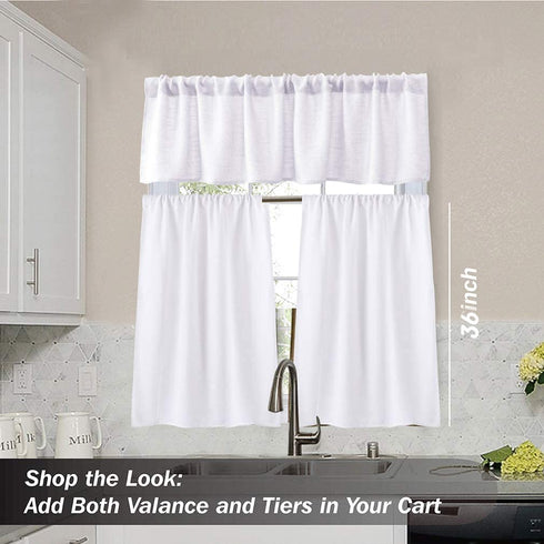 Valea Home Burlap Tier Curtains for Kitchen Rustic Tan Rod Pocket Curtains for Short Window 36 inch Linen Cafe Curtains, White, Set of 2