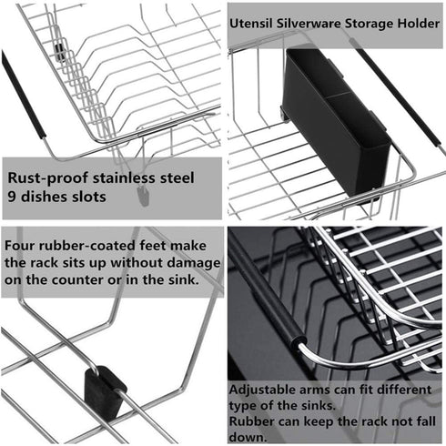 SANNO Large Expandable Dish Drying Rack with Removable Utensil Silverware Holder,Deep Large Dish Rack Over The Sink in Sink On Counter,Dish Drainers Stainless Steel