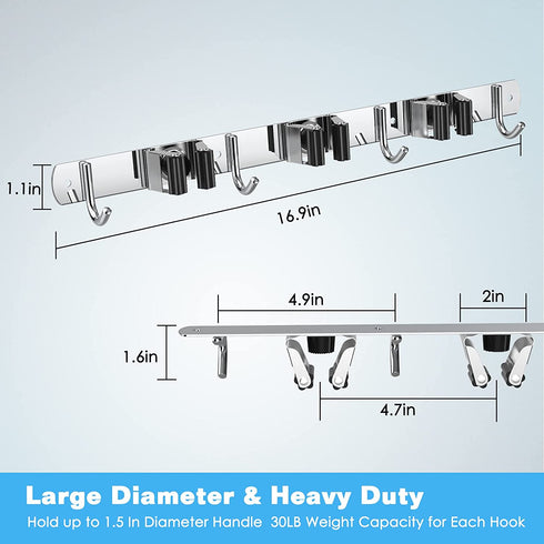 2 Pack Mop and Broom Holder Wall Mount, CVWCVBN Broom Organizer Wall Mount, Stainless Steel Broom Holder, Heavy Duty Tool Organizer, Mop Holder with 3 Racks and 4 Hooks for Home Kitchen Garden Laundry