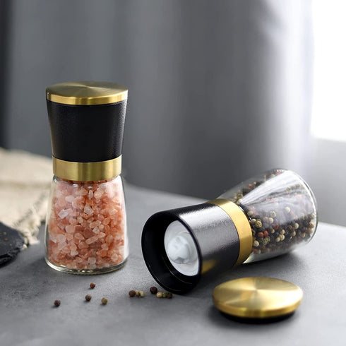 Gold Salt and Pepper Grinder Set Stainless steel Salt and Pepper Shaker Set Gold Ceramic Adjustable Coarseness Spice Grinder Black Peppercorn Sea Salt Mill Home Kitchen Gift