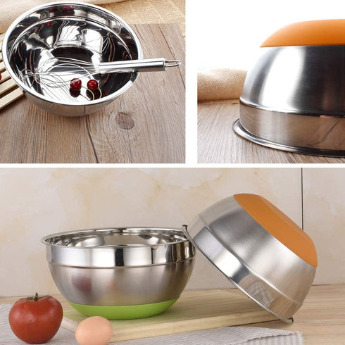 Stainless Steel Mixing Bowls with Lids (Set of 3), Non Slip Colorful Silicone Bottom Nesting Storage Bowls by Regiller-yyi, Polished Mirror Finish For Healthy Meal Mixing and Prepping 2.5 - 3.5-4.2QT