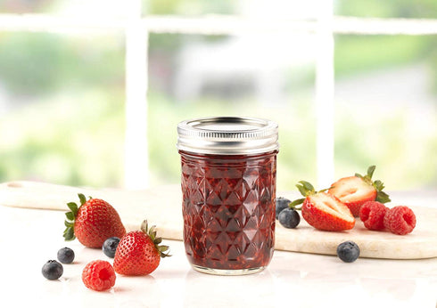 Ball Mason Quilted Crystal Jars 8 oz Regular Mouth Glass Bundle with Non Slip Jar Opener- Set of 6 Half Pint Size Mason Jars - Canning Glass Jars with Lids